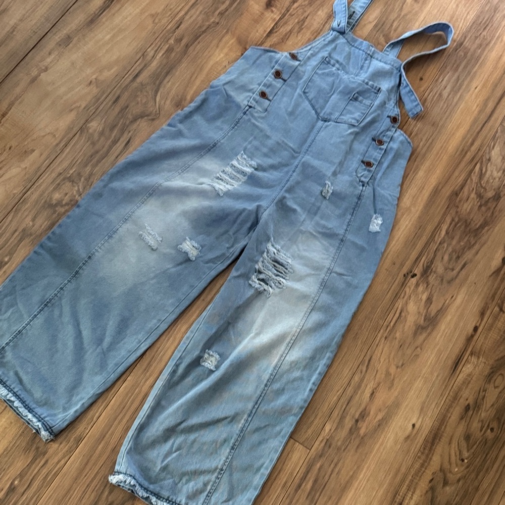 Light Wash Distressed Denim Overalls